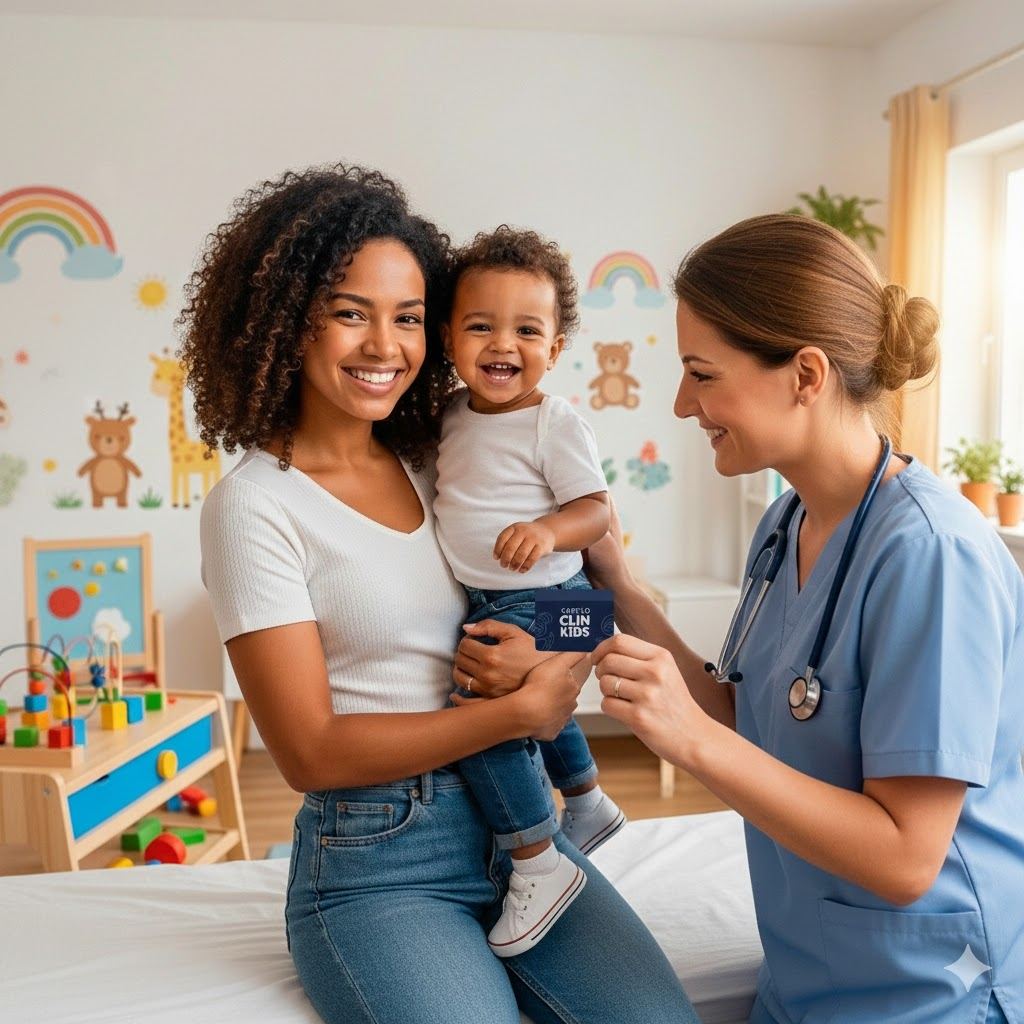 Criança feliz sendo atendida por médico pediatra na Clin Kids